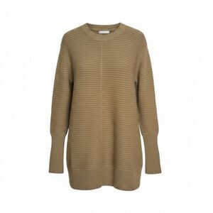 Nine West Ribbed Knit Crew Neck Long Sleeve Pullover Tunic Sweater Beige Medium